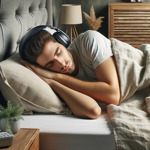 Man asleep with noise cancelling headphones on.