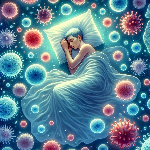 Sleeping figure with glowing elements symbolizing immune cells