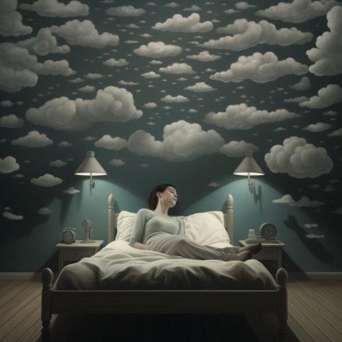 Person in bed with anxious thoughts represented as clouds above them.