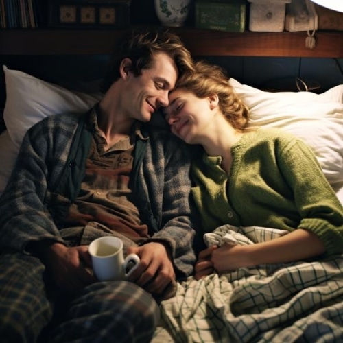 Happy couple in bed. key considerations of improving sleep together